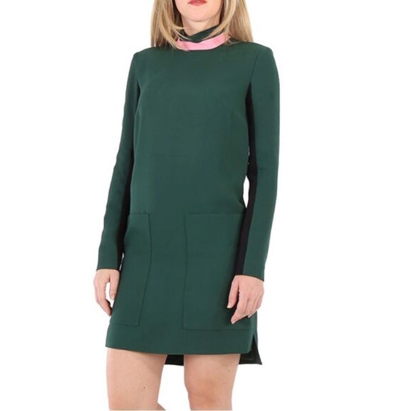 Burberry Ladies Long-sleeve Silk Wool Shift Dress Green US 0 NEW - Picture 1 of 11